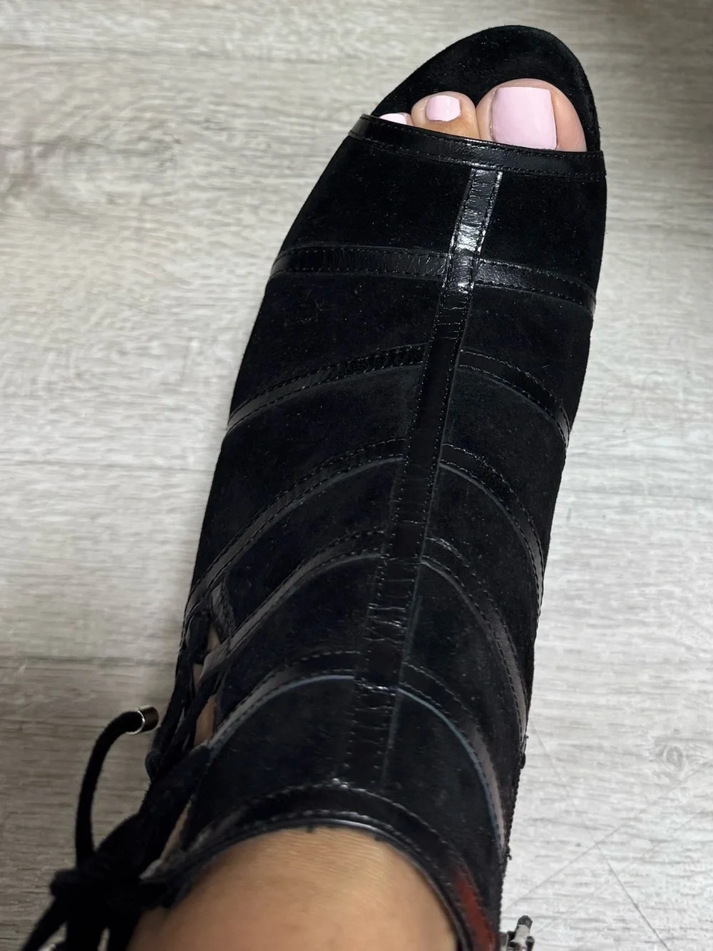 Lauren Ralph Lauren Black Suede Peep-Toe Lace-Back Booties